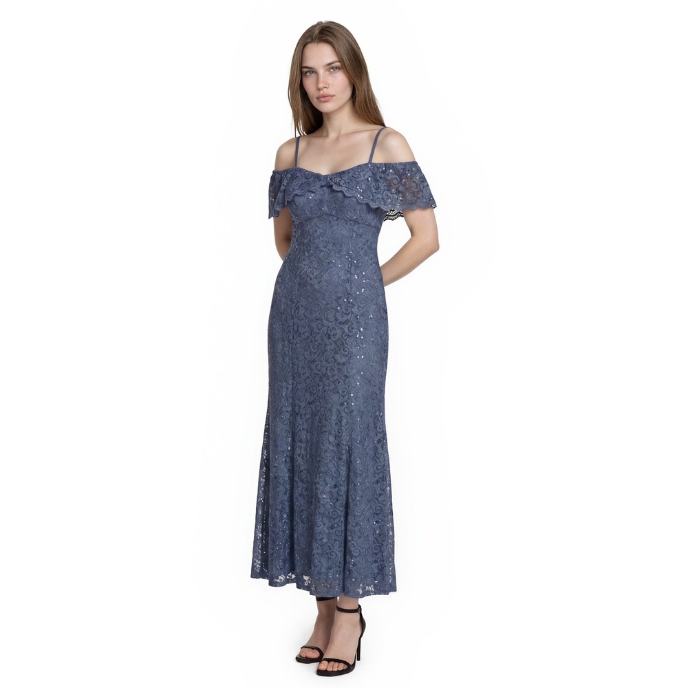 NWT R&M Richards Evening Gown Women's Size 12 Slate Blue Sequin Lace Maxi Dress